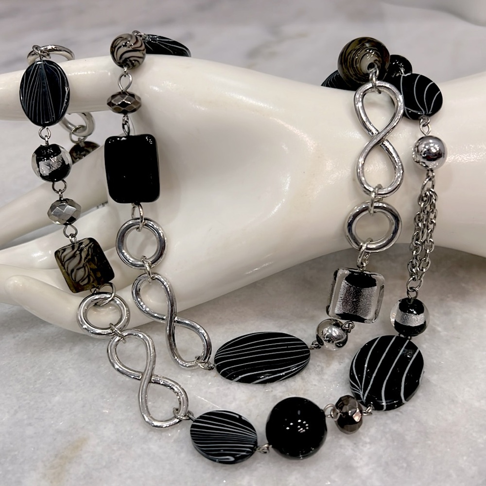 Multi Bead Glass 36” Silvertone Fashion Necklace
